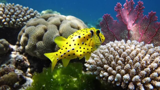 Bright yellow boxfish swimming gracefully near coral reefs with diverse colors in underwater ocean environment