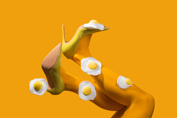 Surreal composition of yellow legs in heels with fried eggs for breakfast art