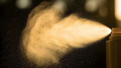 A dynamic close-up of a spray bottle releasing a cloud of gold particles.