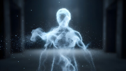 A futuristic silhouette of a man made of glowing blue dust and energy.
