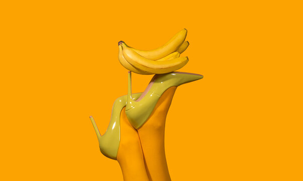 Yellow high heels balancing bananas in surreal pop art style