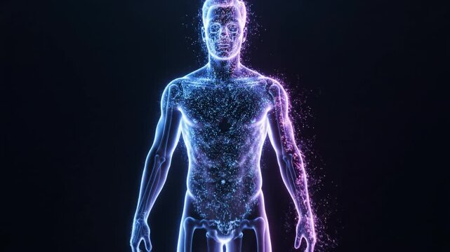 Glowing human silhouette particle body neon blue neon purple digital anatomy futuristic figure male torso and arm anatomy illustration with glowing muscle and bone detail blue and purple light