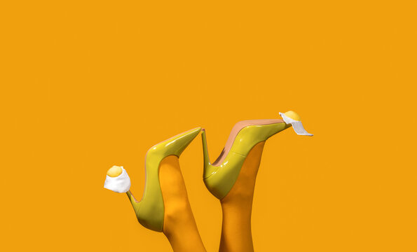 Yellow high heels with eggs on socks in surreal humorous breakfast scene