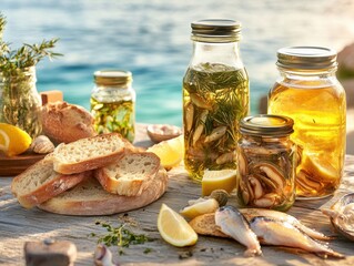 Jars of preserved seafood and bread on a wooden table by the water's edge in the late afternoon sun