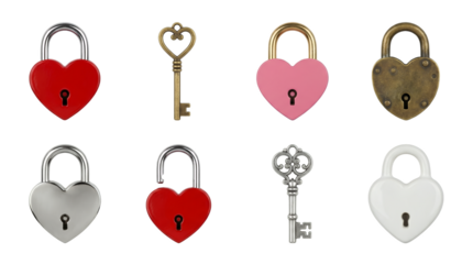 Heart padlock set including red, pink, gold, silver, and white locks with vintage keys isolated. Romantic security and valentines day concept collection.