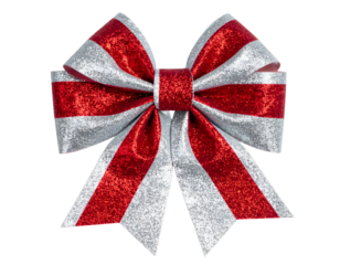 Large, festive bow with alternating red and silver glittery stripes, set against black