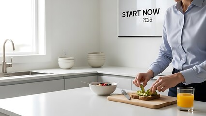 A person preparing a healthy salad in a modern kitchen with fresh ingredients and a motivational poster in the background