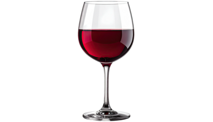 A single, elegant glass of rich, ruby-colored liquid. The glass is clear against a black backdrop