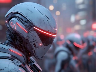 Robot soldiers stand in a futuristic city at night with bright lights and urban scenery in the background