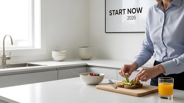 A person preparing a healthy salad in a modern kitchen with fresh ingredients and a motivational poster in the background