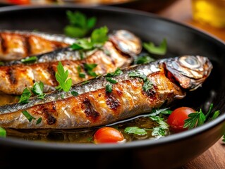 Grilled fish served on a plate with herbs and cherry tomatoes at a dining table during a family gathering