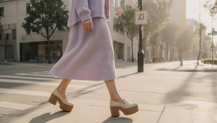 Woman in stylish platform shoes walking on a sunny city street.