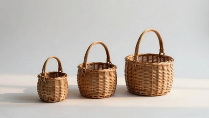 Three wicker baskets on white surface