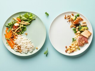 Two plates of food showing a balanced meal with vegetables and grains on one side and protein-rich items on another side