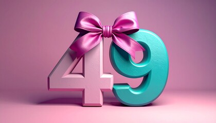 Number 49 wrapped with a festive ribbon. Image for birthday or anniversary party