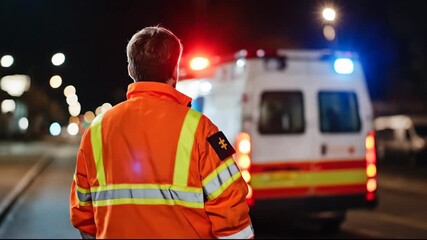 A safety worker standing by an ambulance at night, ready for action.