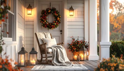 Cozy autumn porch scene, decorated with wreath, lantern lights, rocking chair