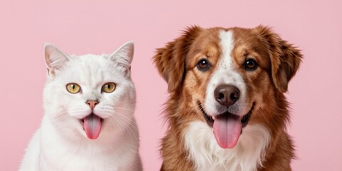 Obraz premium Smiling cat and dog duo on pink background. White cat and brown white dog sticking tongues out. Playful pets portrait in humorous style.