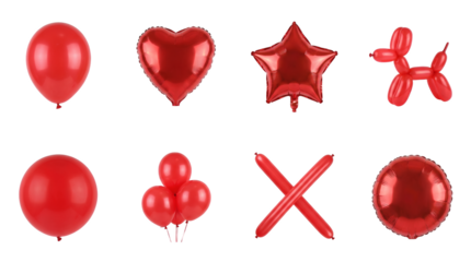 Red balloon set including round, heart, star, dog, and long shapes isolated. Birthday celebration and party decoration collection.