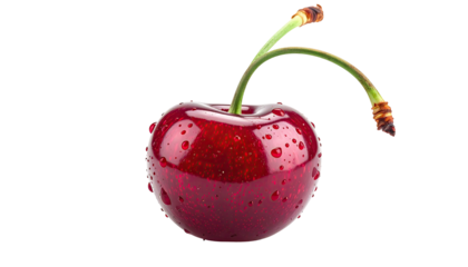 A single ripe, glistening cherry with stem against a deep black background
