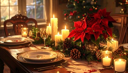 Festive holiday table setting with candles, poinsettias, and a Christmas tree in the background