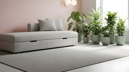 Minimalist Daybed Sofa Surrounded by Potted Plants Sunlit Bright Interior