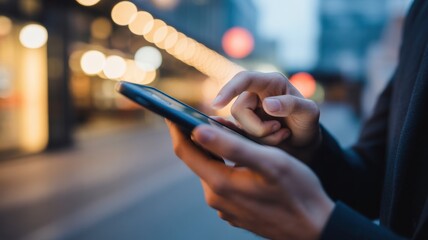 Digital interaction with mobile phone: Capturing a person's focused engagement with a smartphone, with the blurred ambiance of a modern city at dusk. 