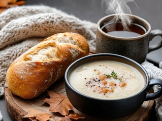 Warm bread and soup served with hot coffee during autumn on a wooden board with soft cloth