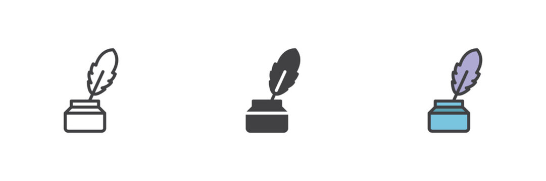 Inkwell and feather pen line, solid, colorful different style icon set pack