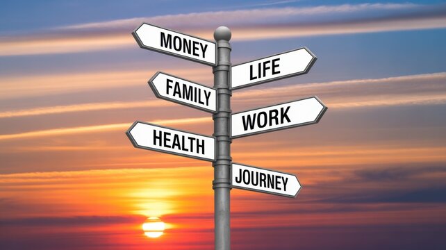 Life's Crossroads: A symbolic signpost against a radiant sunset sky, pointing towards fundamental aspects of existence, inviting reflection on life's pivotal choices and the journey ahead.