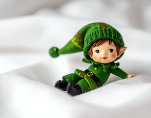 A smiling, charming Christmas elf figurine, dressed in green, resting on white fabric