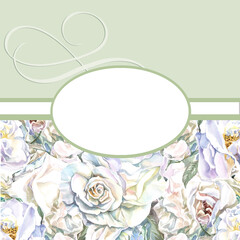 floral background with with white roses and place for your text, baby shower card, photo frame, marry me, parfume cover
