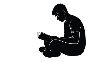 Silhouette illustration depicting a young man sitting cross legged while intently focused on reading an open physical book against a stark white background suggesting concentration and study