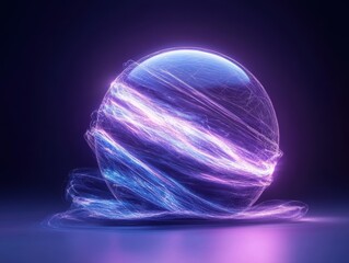 Digital art shows a glowing sphere with colorful light trails in a dark background