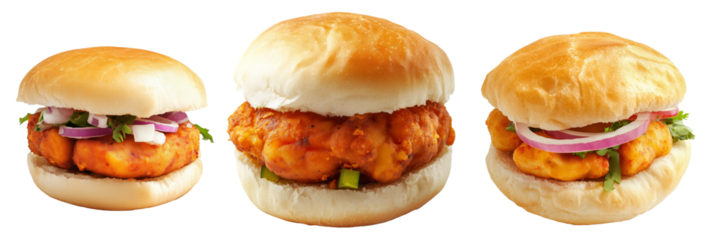 Crispy chicken sandwich Vada pav with red onions, herbs, and soft bun isolated on white background, concept of fast food