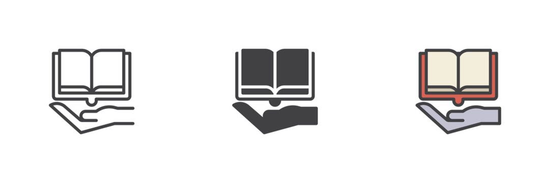 Hand holding open book line, solid, colorful different style icon set pack