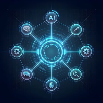 Futuristic Artificial Intelligence network concept with digital icons representing machine learning, cloud computing, data security, and creative innovation on a glowing blue HUD interface