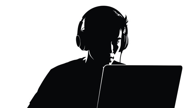 Silhouette of a young focused man wearing large over ear headphones intently working or gaming on a laptop computer screen in high contrast black and white illustration style