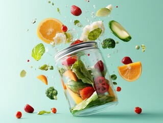 Fresh fruits and vegetables splash in a glass jar against a light green background during a vibrant food preparation scene