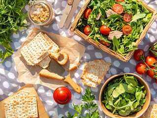 Food layout with salad, crackers, and tomatoes on a picnic blanket during daytime