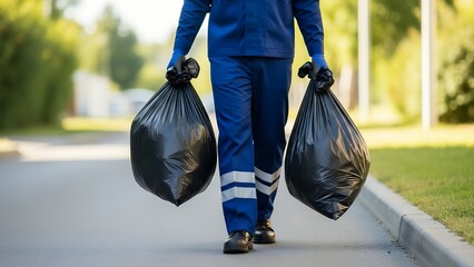 Waste collector carries bags on street during waste collection task