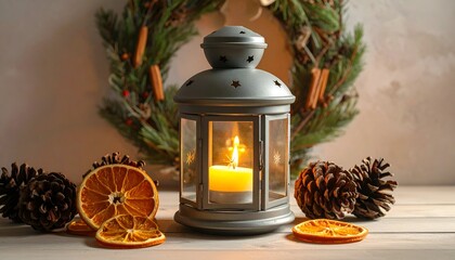 A lit candle in a lantern sits before a wreath with pinecones and dried oranges on a table