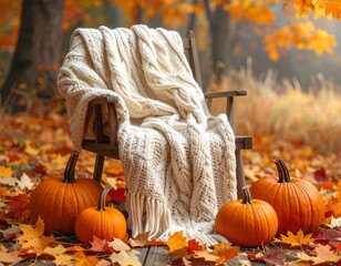 Cozy autumn scene a wooden chair draped with a knit blanket, surrounded by pumpkins & falling leaves