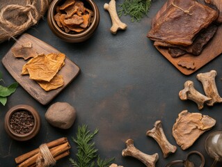 Food ingredients and items arranged on a dark surface with wooden boards and spices for cooking preparation
