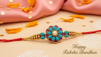Celebration of Raksha Bandhan with a colorful rakhi on a festive cloth