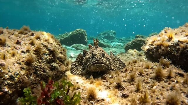 Underwater close up of a camouflage-patterned stonefish on a seabed with other fish swimming