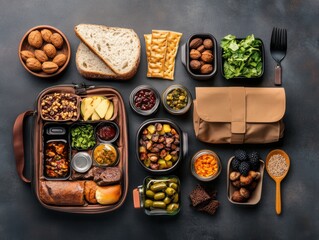 Lunch preparation with various foods in containers laid out on a table for a picnic or meal