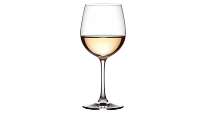 A single stemmed wine glass with a light pink beverage against a stark black background