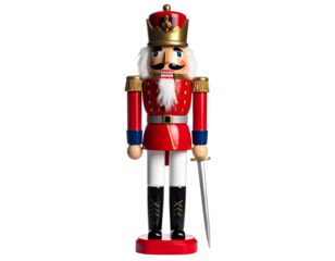 A classic, wooden soldier figurine in a vibrant red uniform, holding a sword