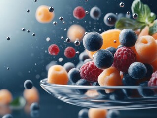 Fresh fruit mixture splashing on a glass plate in the kitchen during daytime